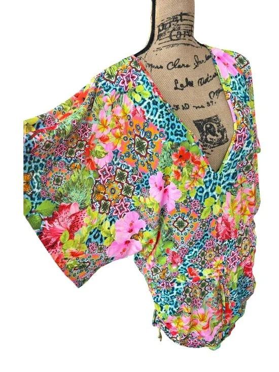 Luli Fama Cabana V-Neck Dress Swimsuit Cover-Up Floral Tropical Size Small - Picture 5 of 9